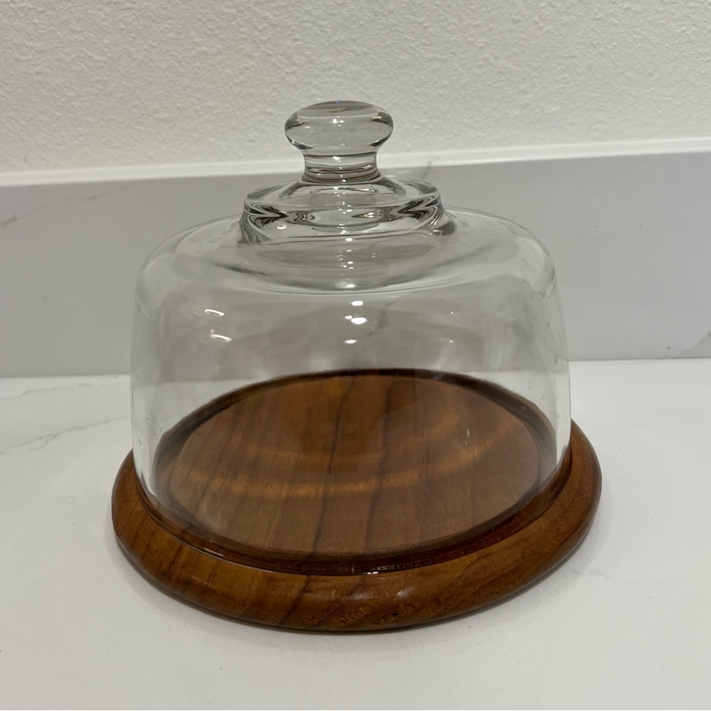 Vintage Dolphin Genuine Teakwood Glass Cloche Cheese Board Made in Thailand